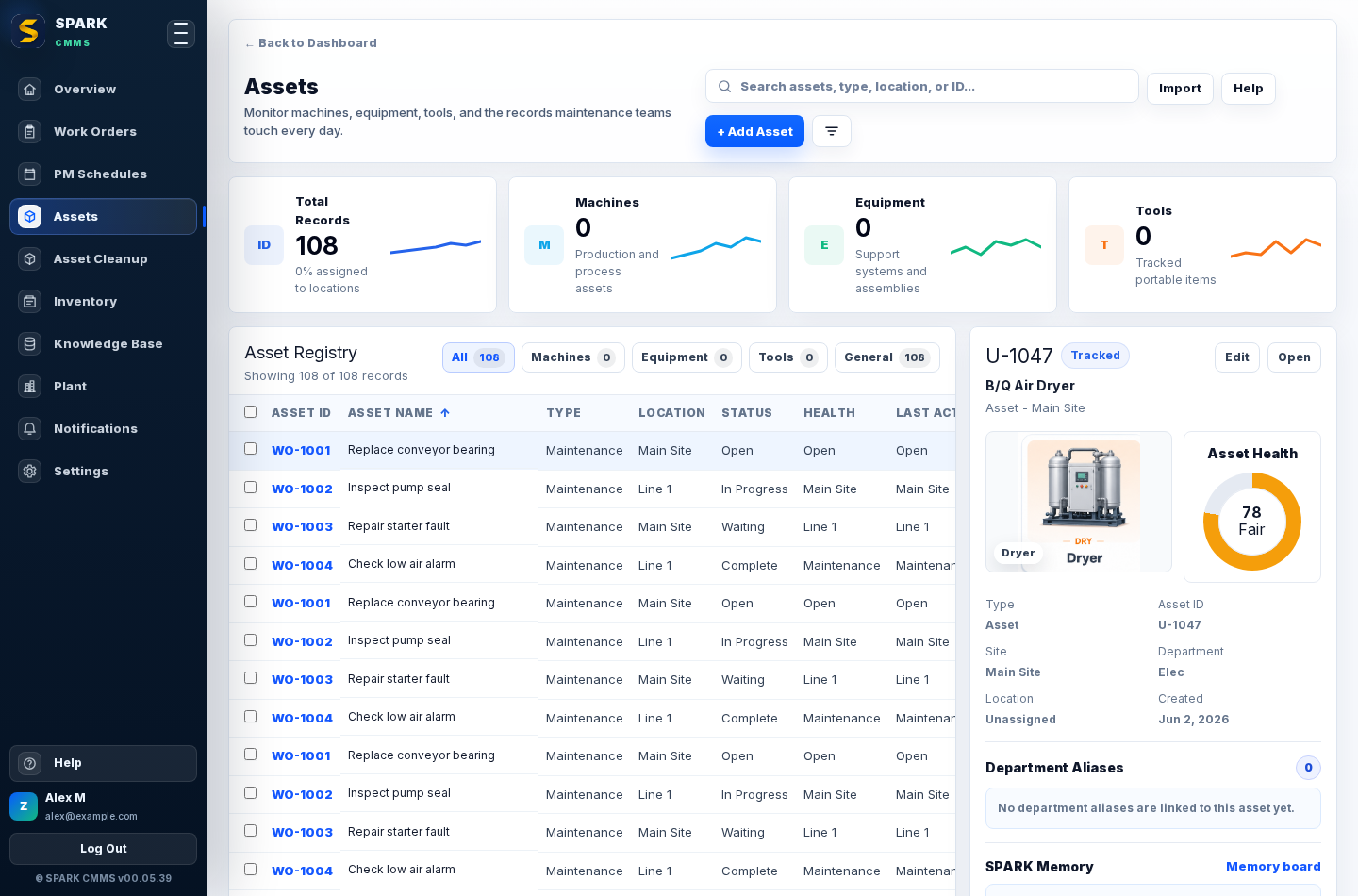 SPARK assets page with asset list and detail panel