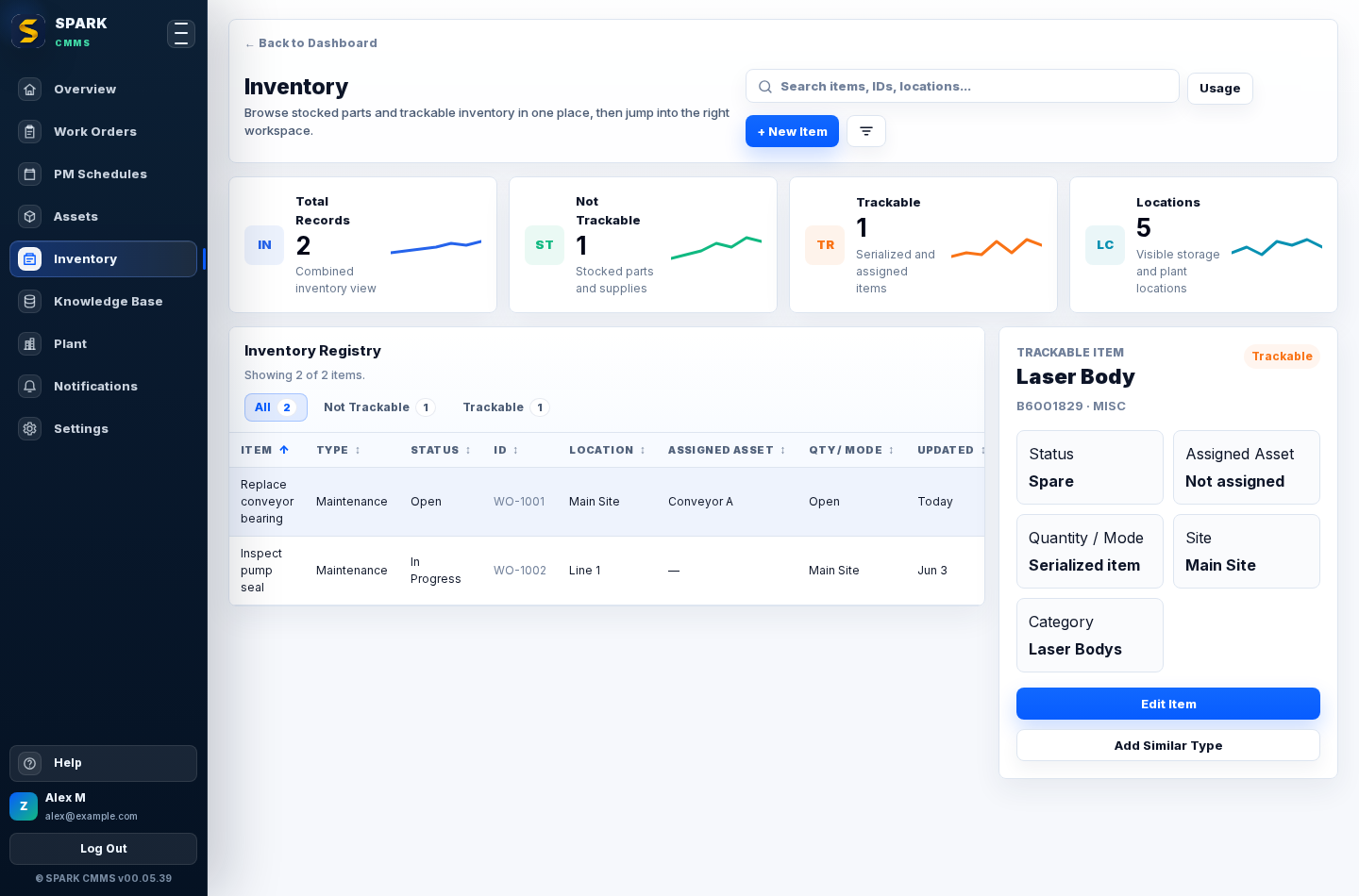 SPARK inventory page showing parts and stock records