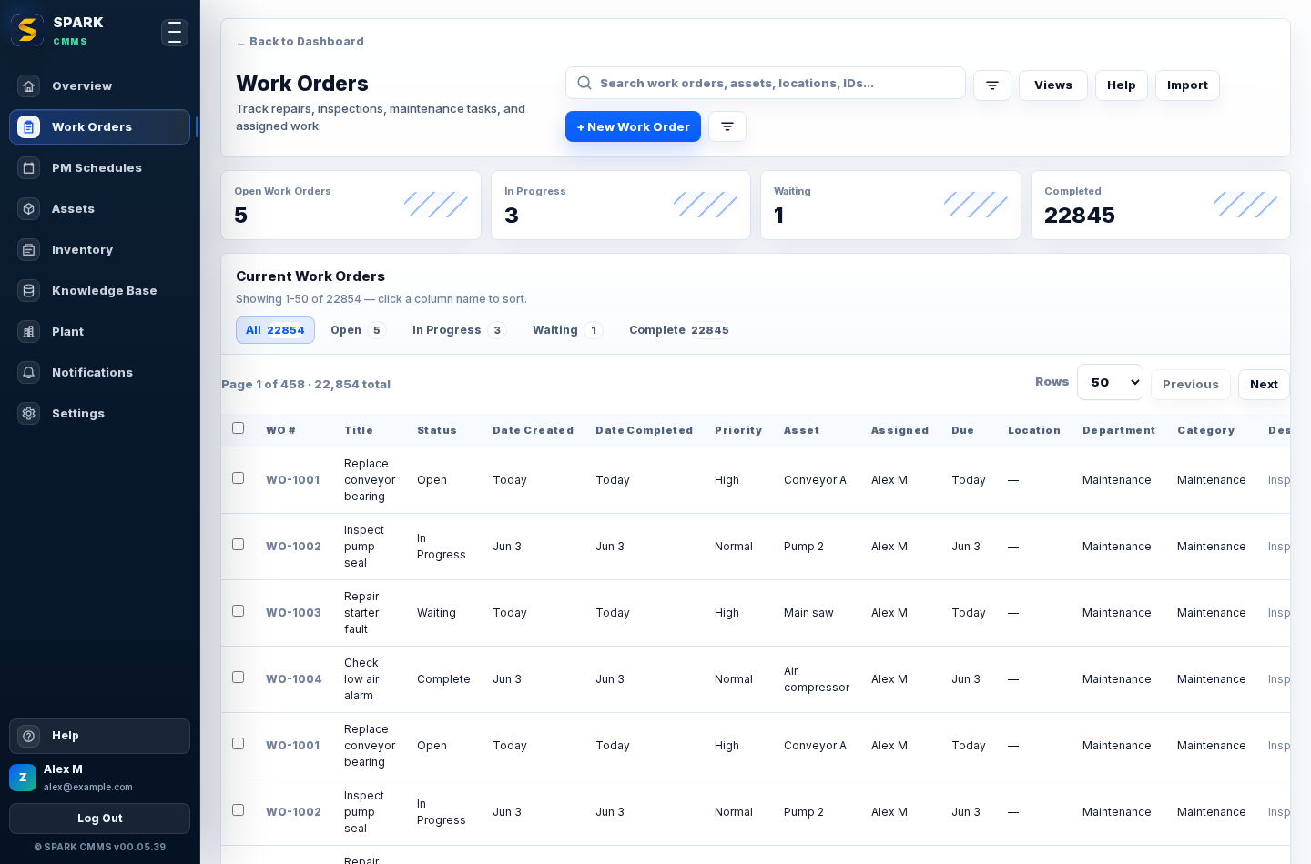SPARK work orders page with filters, table rows, and work order details